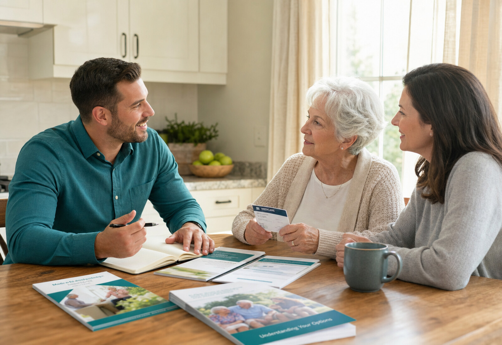 Carebridge advisor speaking with a senior and adult child at a kitchen table with natural daylight
